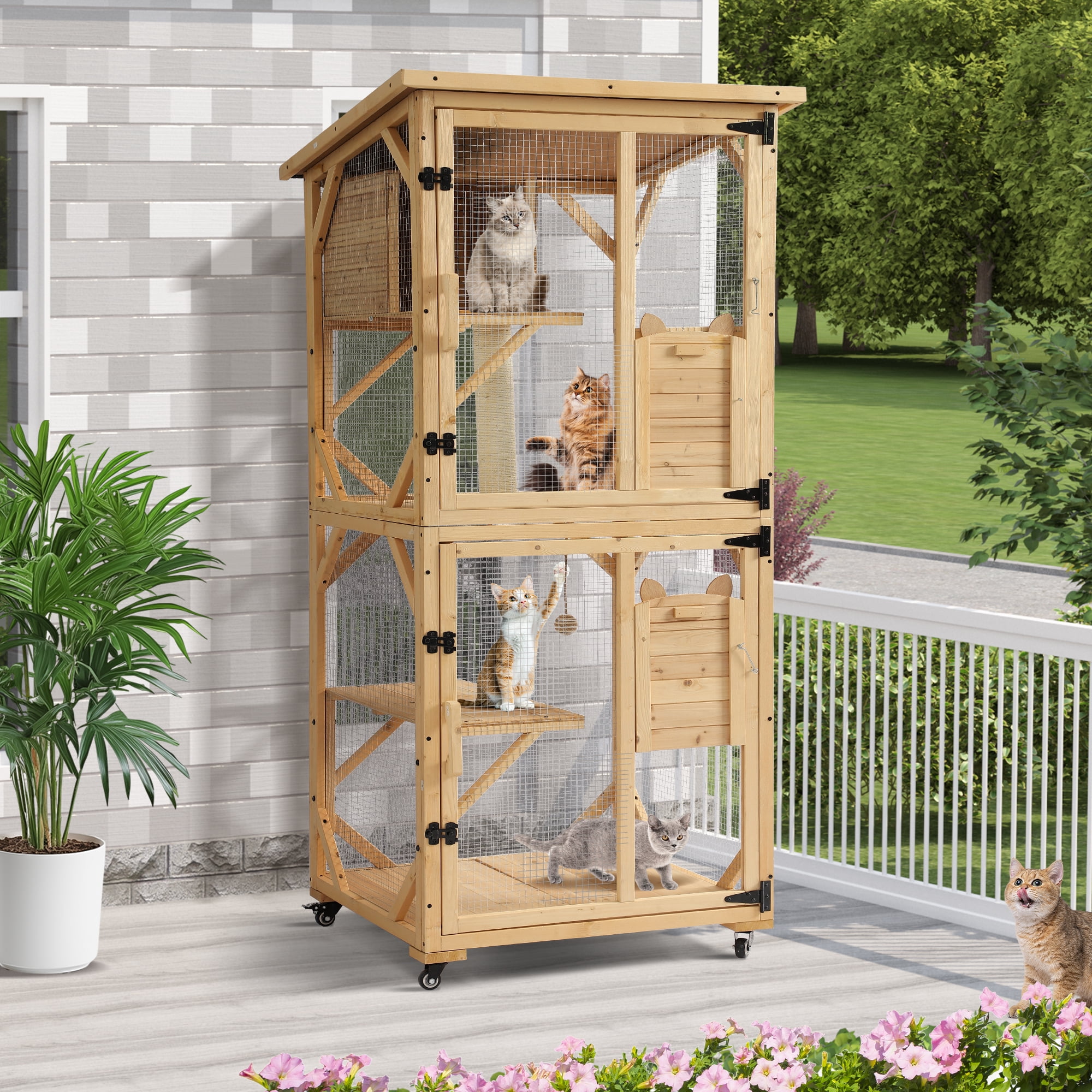 Haverchair Catio Outdoor Cat Enclosure with Scratcher - 4-Tier Large Indoor Wooden Window Catio Cat House W/Asphalt Waterproof Roof, Wheels, Resting Box, Platforms, Cat Toys Ball, Pet Cage Playpen