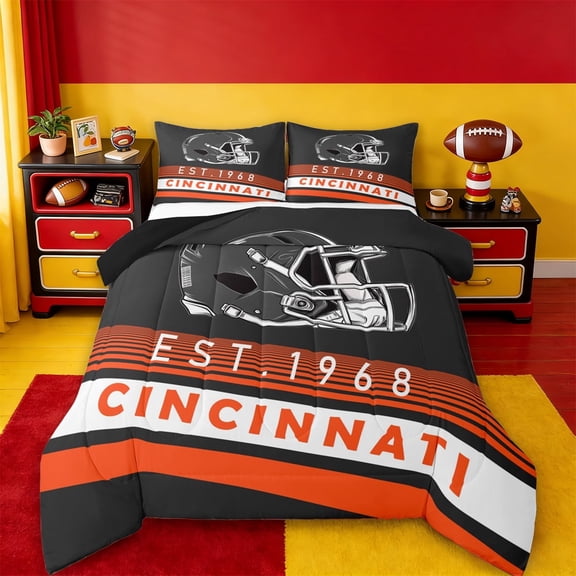 Erosebridal Cincinnati Comforter Sets Twin Size,orange Stripes Comforters & Duvets,Rugby Helmet Bedding Twin Comforter Set,Stylish Living Room Decoration Reversible,2-Piece