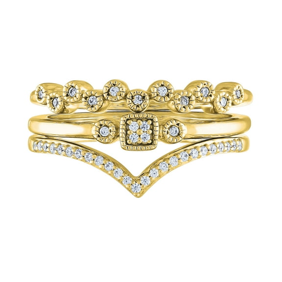 Gemspirations 1/8 cttw Diamond Fashion Stack Ring Set Sterling Silver 14K Yellow Gold Plated
