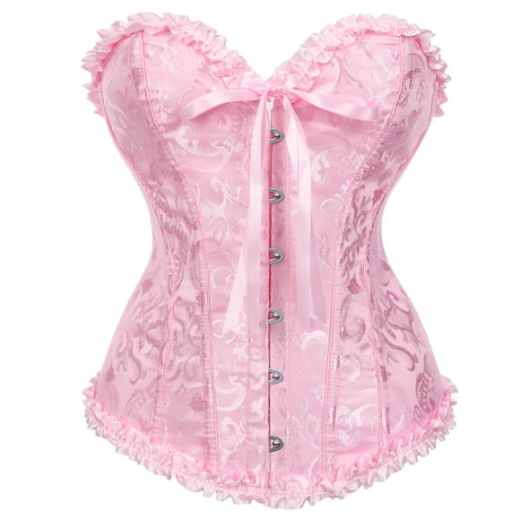 SHYMMUO Womens Lacing corset Top Satin Floral Boned Overbust Body Shaper Bustier Pink XL