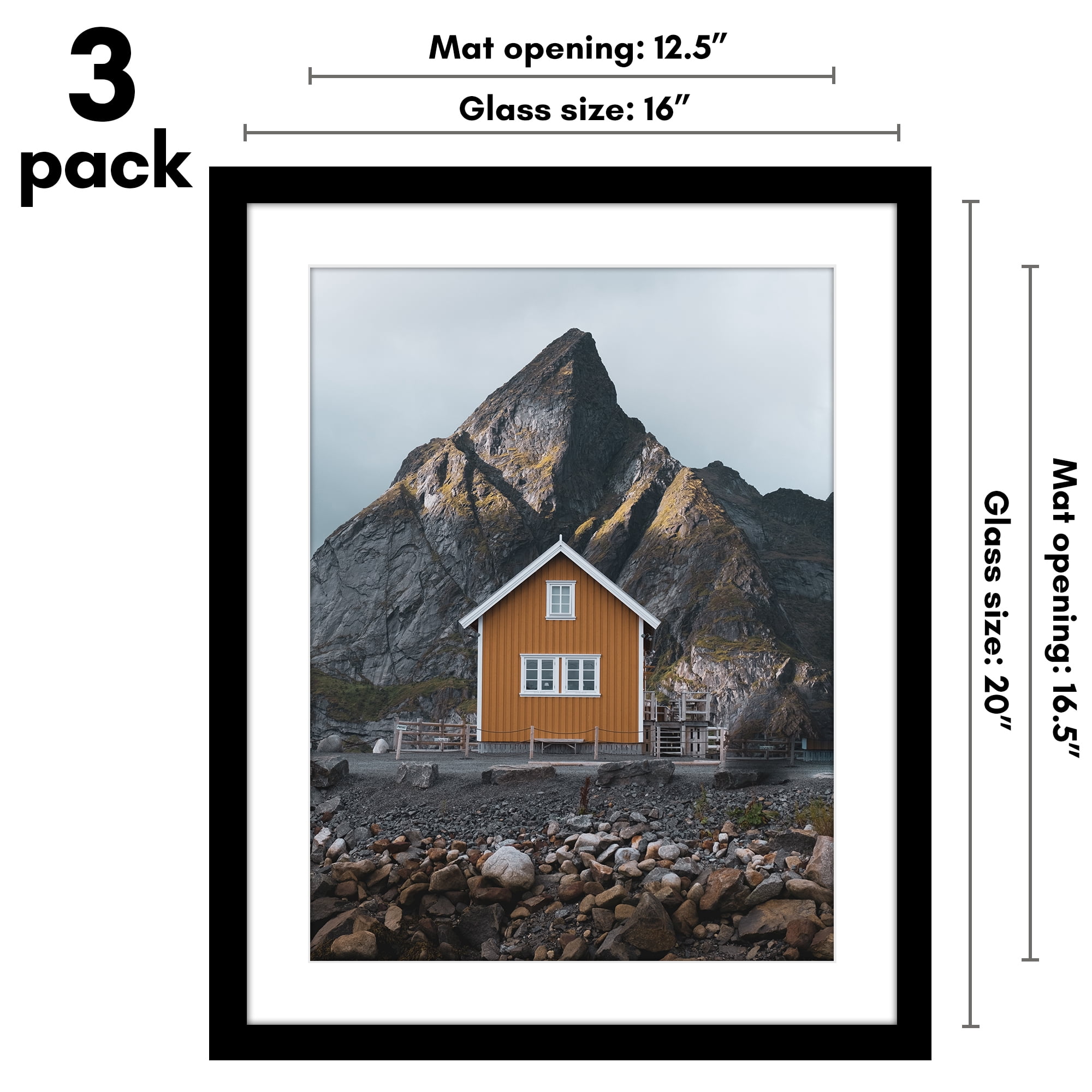 Americanflat 16x20 Black Picture Frames Shatter-Resistant Glass 3 Pack 13x17 With Mat or as 16x20 Frame Without Mat
