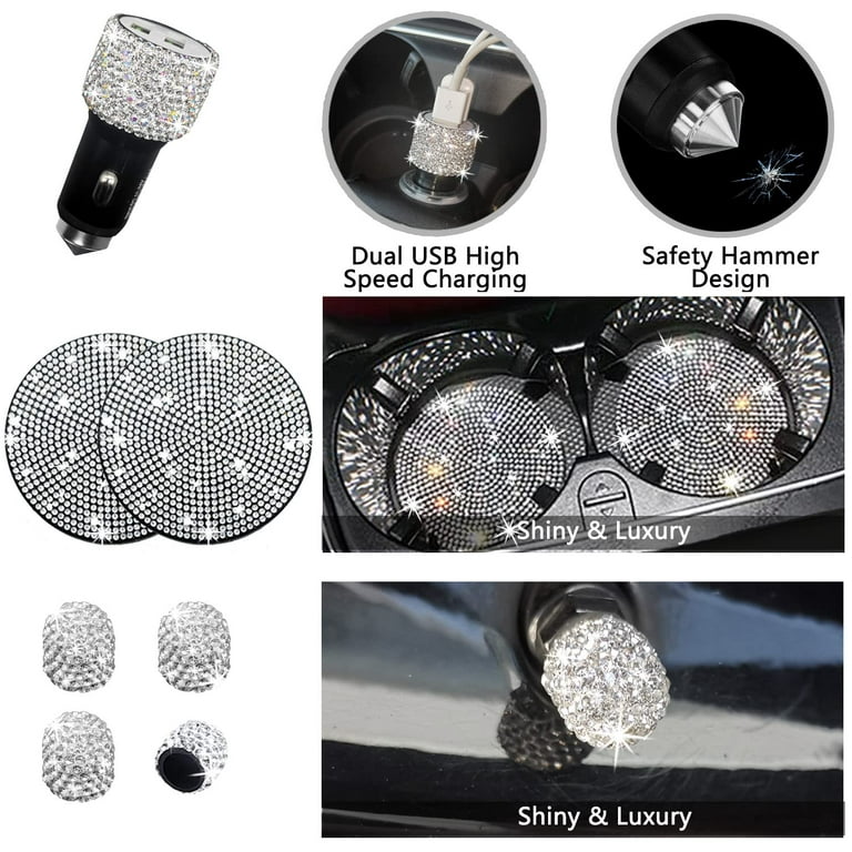 27 Pack Bling Car Accessories Set, Steering Wheel Cover Women Universal Fit  15 Inch, Bling License Plate Frame, Bling Car Vent Outlet Trims, Bling USB