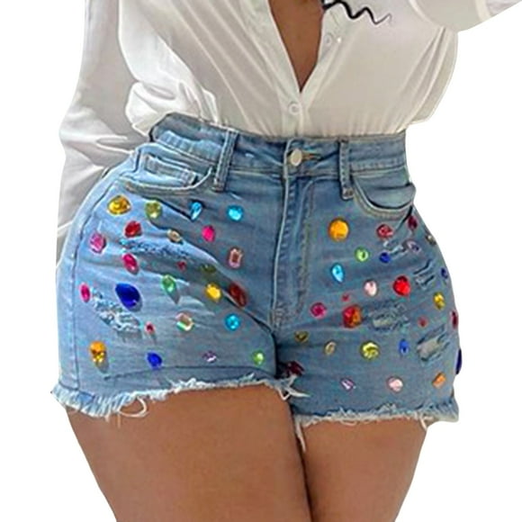 2025 Women's Rhinestone Denim Shorts Women's Pants Mid Waist Ripped Frayed Womens Bell Bottom Pants Hem Tessles Stretchy Jean Pants for Women Work Shorts with