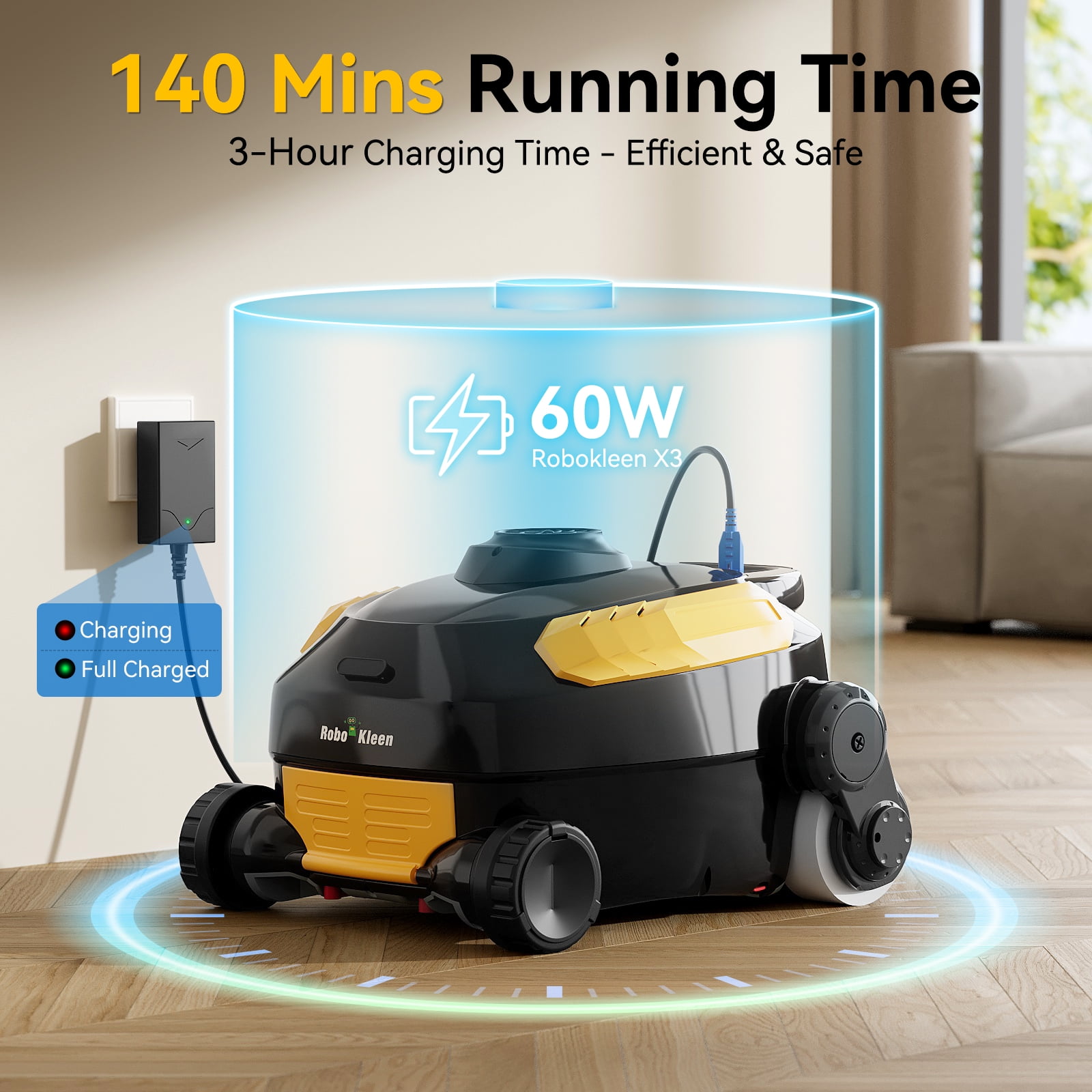 Robokleen RK-X3 Cordless Robotic Pool Vacuum Cleaner Wall-Climbing for In-Ground and Above Ground Pools, 140-Min Runtime,8L Large Capacity,Orange