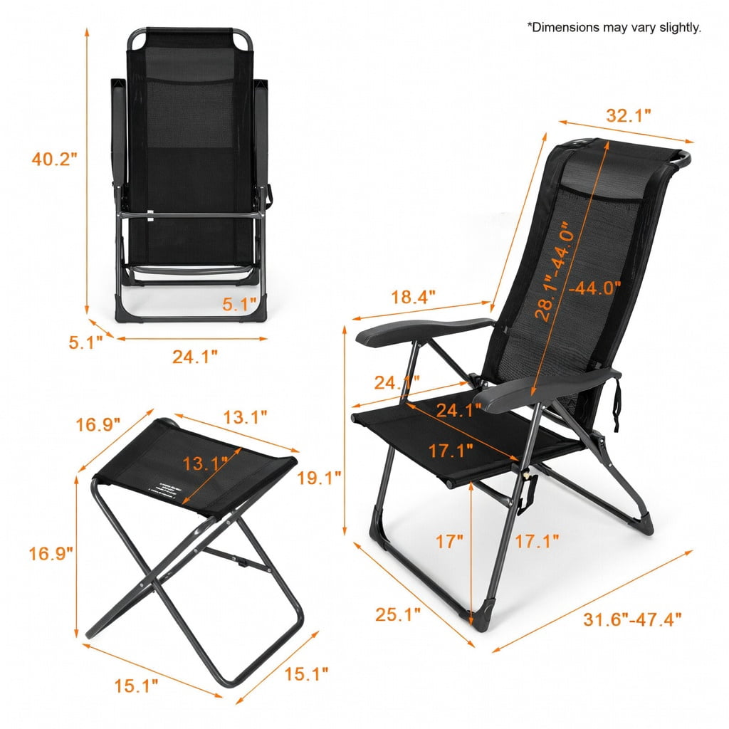Hommoo 4-Piece Adjustable Reclining Patio Chair & Ottoman Set, Folding Outdoor Dining Chairs with 7-Position Backrest, Steel Frame, Breathable Mesh, for Backyard, Garden, Poolside, Black