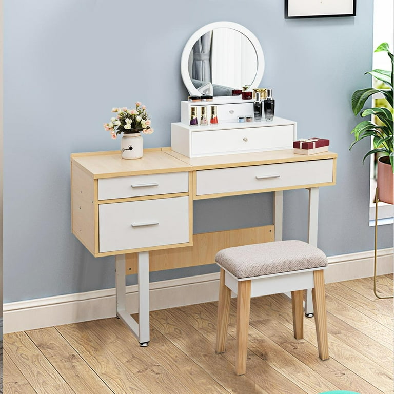 Giantex 2 Removable Spacious Drawer 2 in 1 Vanity Top Space Saving Wall Mount Placed Dressing Table w Round Mirror Ideal for Bedroom Bathroom