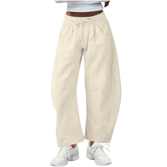 Lovzfmll Barrel Leg Sweatpants for Women, Drawstring Elastic Waist Joggers, Wide Leg Lounge Pants with Pockets Khaki, S