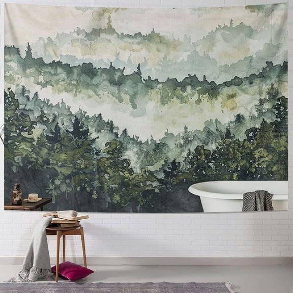 PRATYUS Misty Mountain Tapestry Wall Hanging Foggy Forest Tree Nature Landscape Tapestries Green Watercolor Mountains Scenery Wall Home Decor for Bedroom Living Room Dorm Multi Size Painting