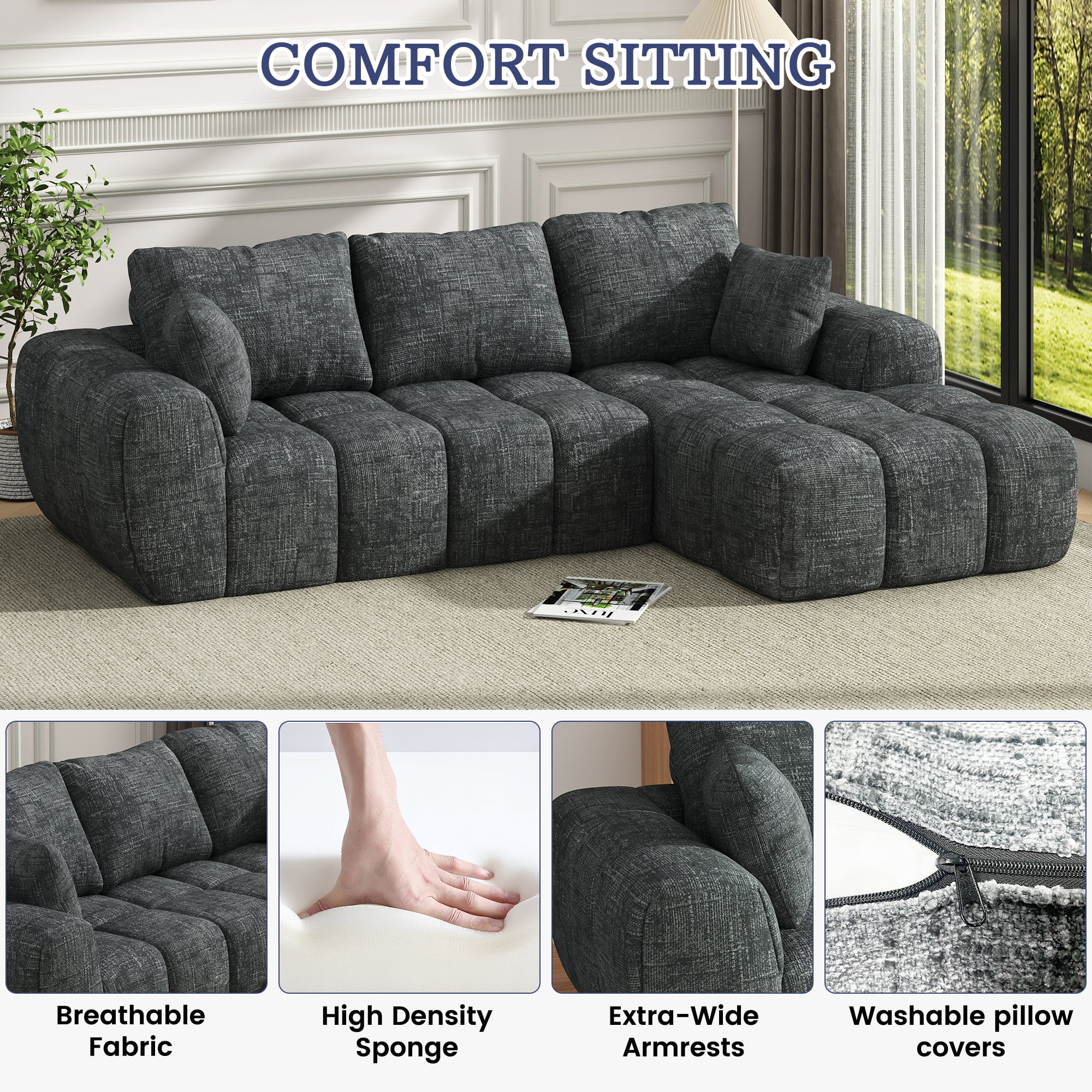 101” Modular Sectional Sofa, Cloud Sectional Couch with Deep Seat, Modern Modular L-Shape Sofa Couch with Chaise,Upholstered Boneless Couches for Living Room Bedroom(Deep Gray)