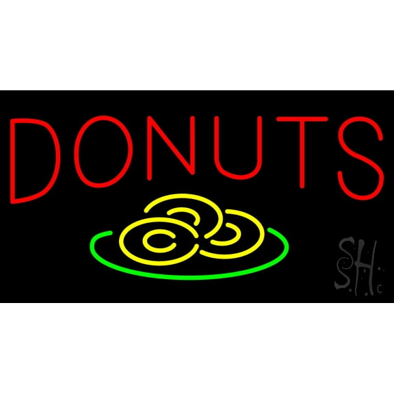 Red Donuts with Donuts Logo LED Neon Sign 13 x 24 - inches, Clear Edge Cut Acrylic Backing, with Dimmer - Bright and Premium built indoor LED Neon Sign for restaurant window and interior decor.