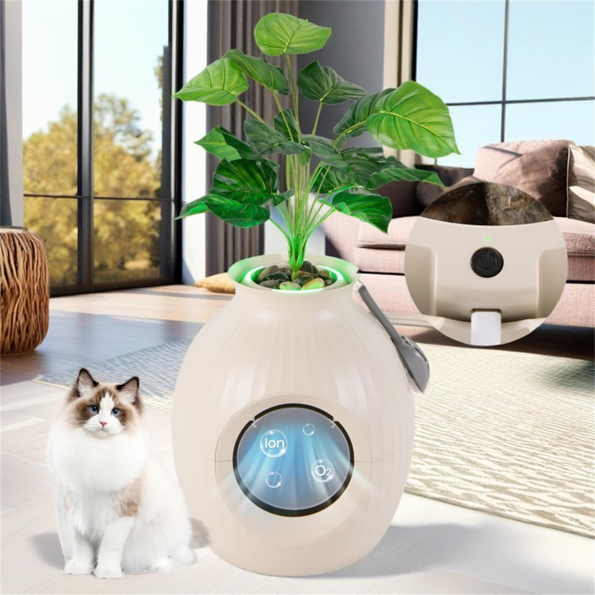 Kadyn 70L Smart Plant Cat Litter Box Enclosure Furniture with Electronic Odor Removal System, Hidden Cat House Washroom with Easy-Push Door, Scoop, Beige