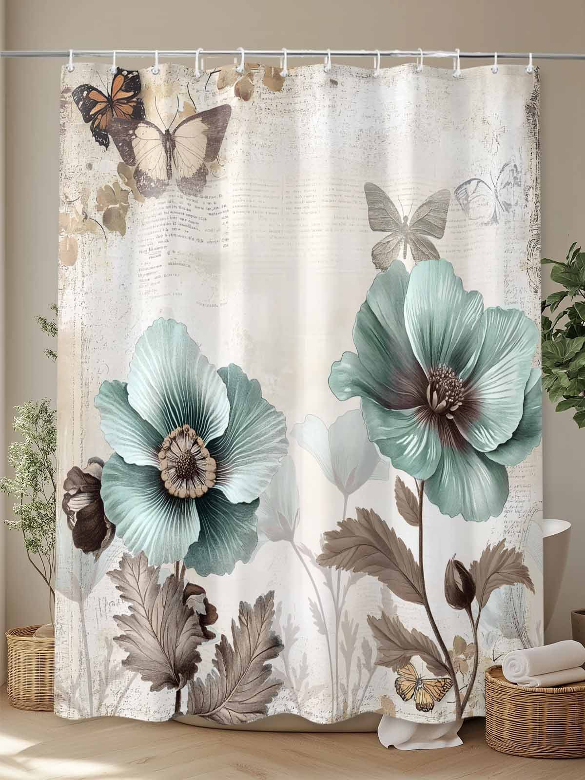 Teal Brown Spring Floral Long Shower Curtain Set, Waterproof Shower Curtains for Bathroom, Vintage Flowers Elegant Botanical Washable Fabric Cloth Bath Curtain for Bathtub with Hooks 72x84 Inches