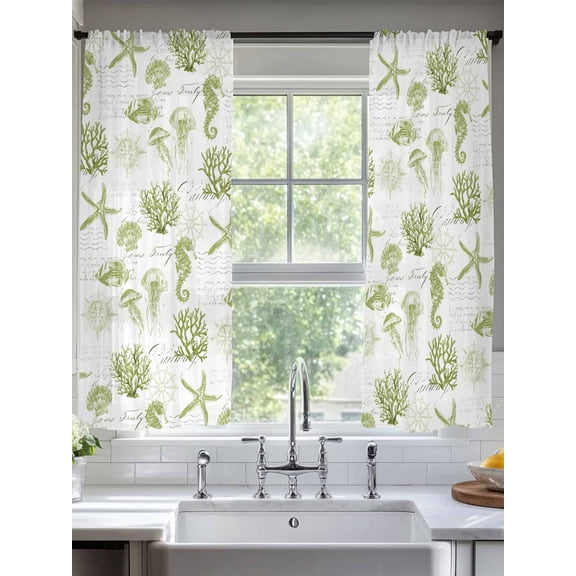 Sage Green Coastal Sheer Curtains for Living Room Bedroom Starfish Jellyfish Fish Coral Shells Sheer Curtains 63 Inch Long 2 Panels Set Light Filtering Curtain Window Treatments Drapes
