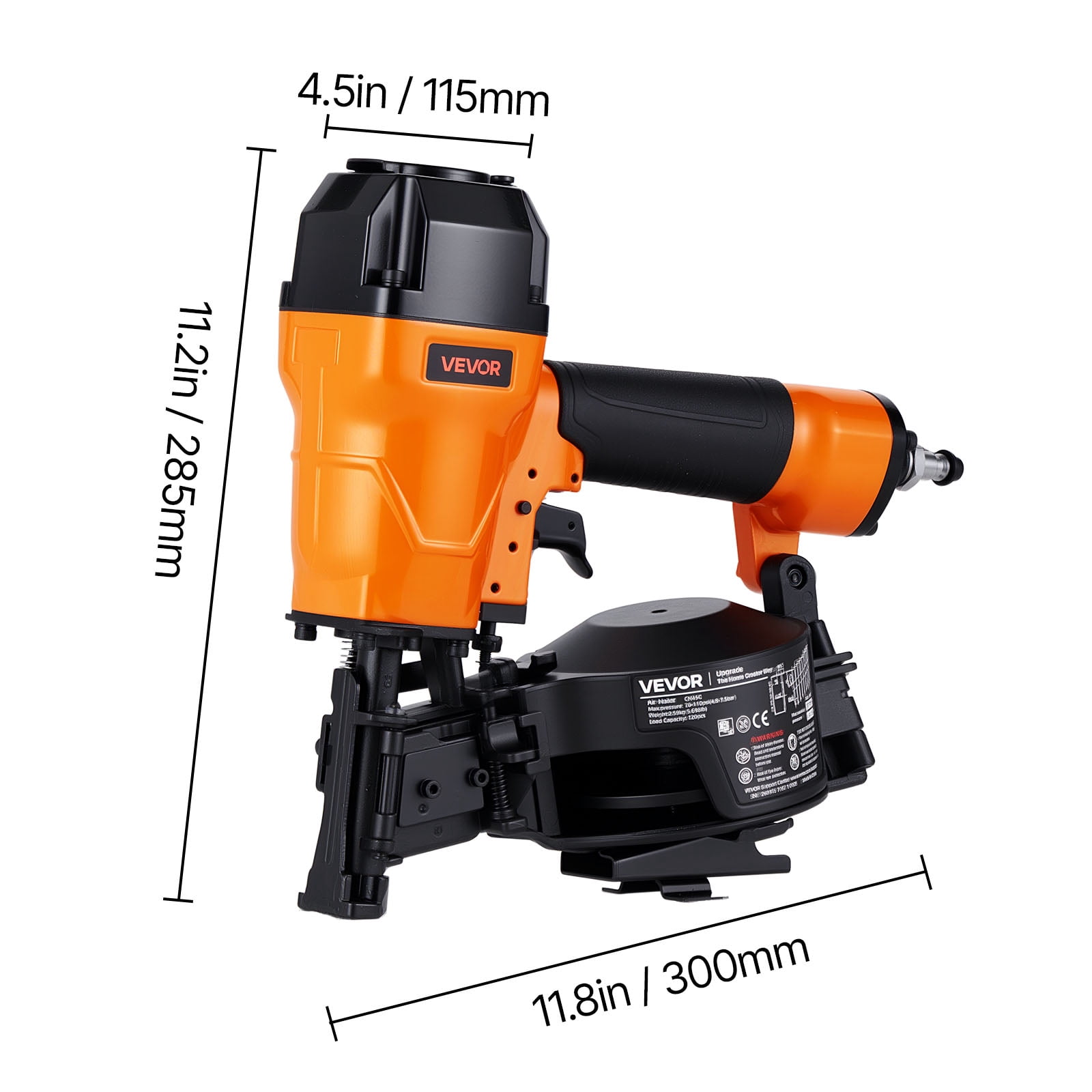 VEVOR Air Roofing Nailer CN45C, 3/4" to 1-3/4" 15 Degree Roofing Nail Gun with Two Firing Modes & Tool-Free Depth Adjustment, 70-110 PSI Pneumatic Coil Nailer for Asphalt Shingles, Roof Sheathing