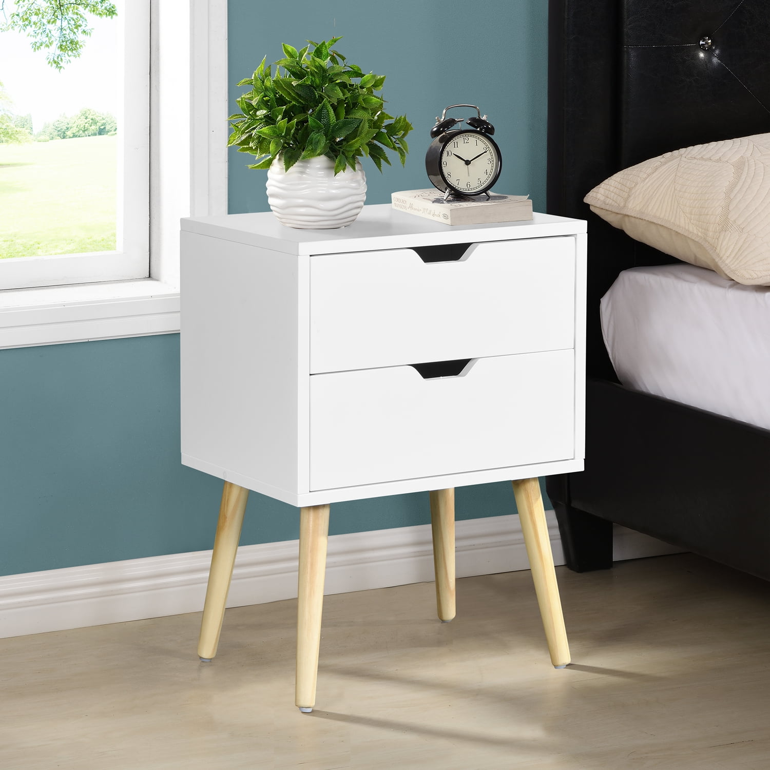 Resenkos Side Table with 2 Drawer and Rubber Wood Legs,Modern Storage Cabinet for Bedroom Living Room,White Resenkos Side Table with 2 Drawer and Rubber Wood Legs,Modern Storage Cabinet for Bedroom Living Room,White