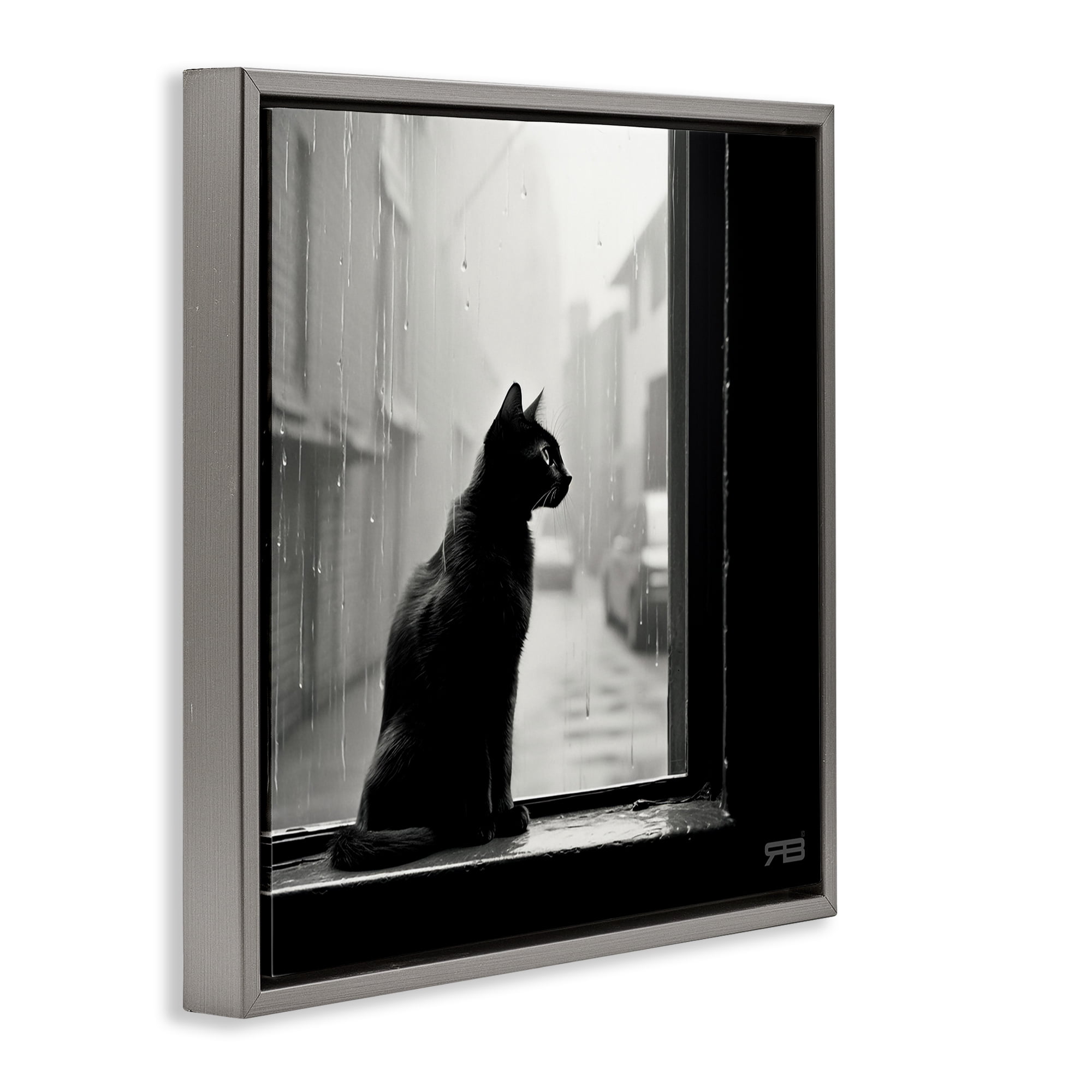 Stupell Industries Cat Gazing Rainy Window Animals & Insects Painting Gray Floater Framed Canvas Art Print Wall Art, 18 x 18