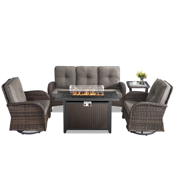 PARKWELL 5 Pieces Outdoor Patio Furniture Set with Fire Pit Table,All Weather Wicker 360°Swivel Glide Chairs for Garden Lawn Balcony Porch Deck,Brown/Gray