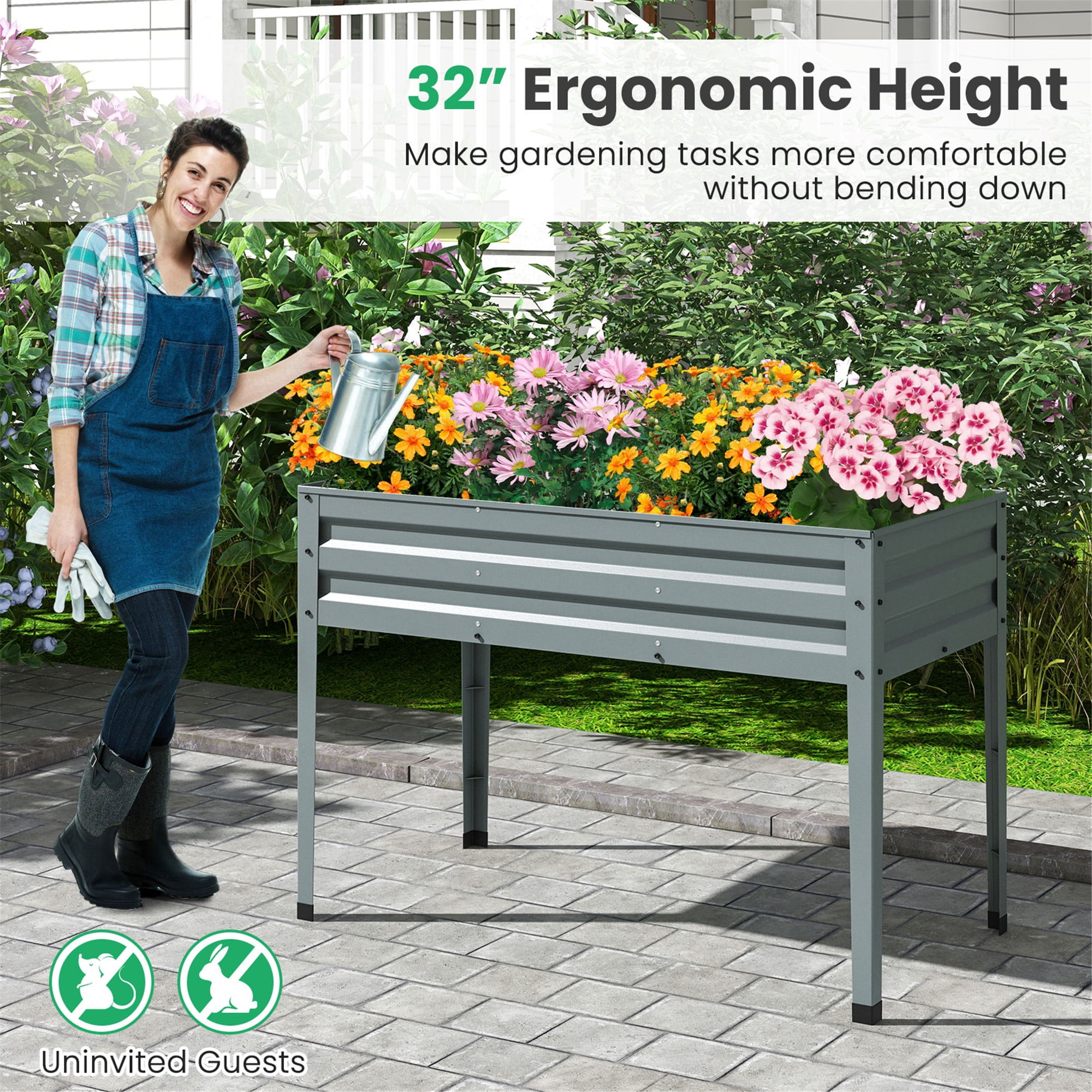 Gymax 46'' x 24'' x 32'' Galvanized Raised Garden Bed w/ Legs Drainage Holes for Flowers Grey