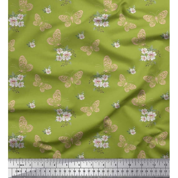 Soimoi Silk Fabric Leaves,Floral & Butterfly Printed Fabric 1 Yard 42 Inch Wide