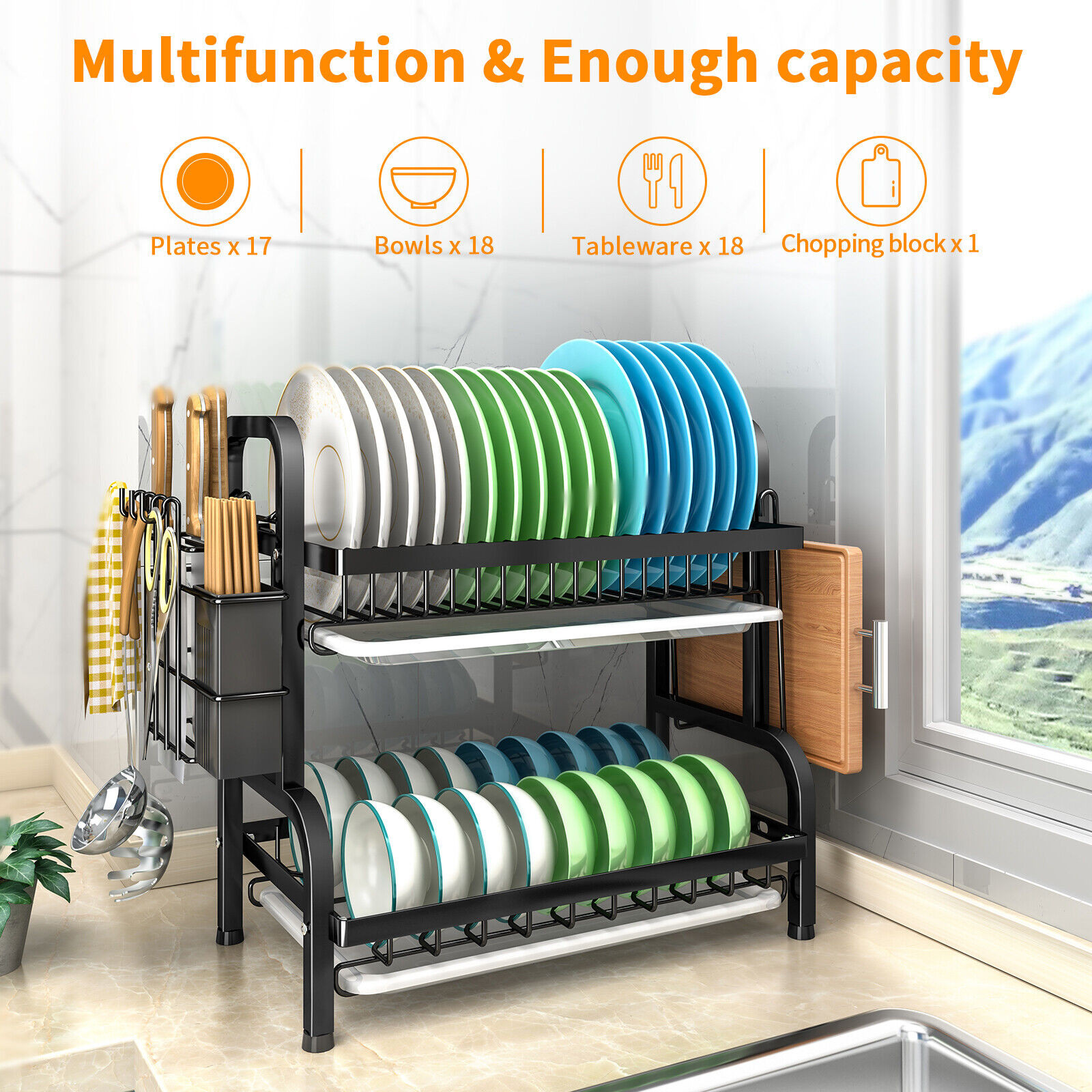 IbayNawi Dish Rrainers for Kitchen Counter 2 Tier Dish Rack with Drainer Board Dish Drying Rack with Utensil Holder Cutting Board Holder Tray Black Walmart