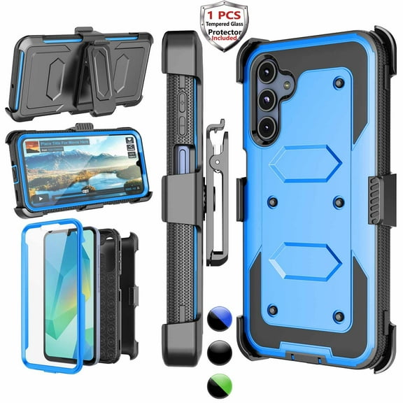 Samsung Galaxy A16 5G Case with Holster Clip [3-in-1 Rotating Belt Clip & Kickstand] Built-in Screen Protector, Shockproof Full-Body Cover, Wireless Charging Compatible – Blue