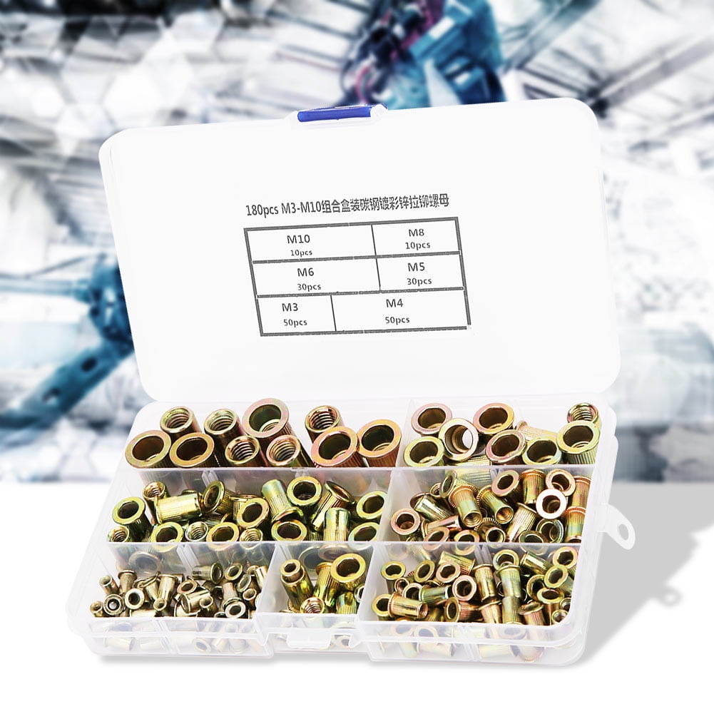 Professional Rivet Nut Kit, 180pcs M3,M10, Zinc Plated, Easy Install, Includes Organizer Case