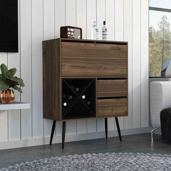 Bar Cabinet With Two Drawers, Four Bottle , Modern Style For Primary Living Area, Particle Board Shelf Cabinet, And Space, Made Organizer
