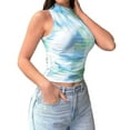 thumbnail image 2 of Womens Summer Floral Mesh Sleeveless High Neck Ruched Slim Fitted Casual Tank Top Going Out Tops Blue & Green XXL, 2 of 9