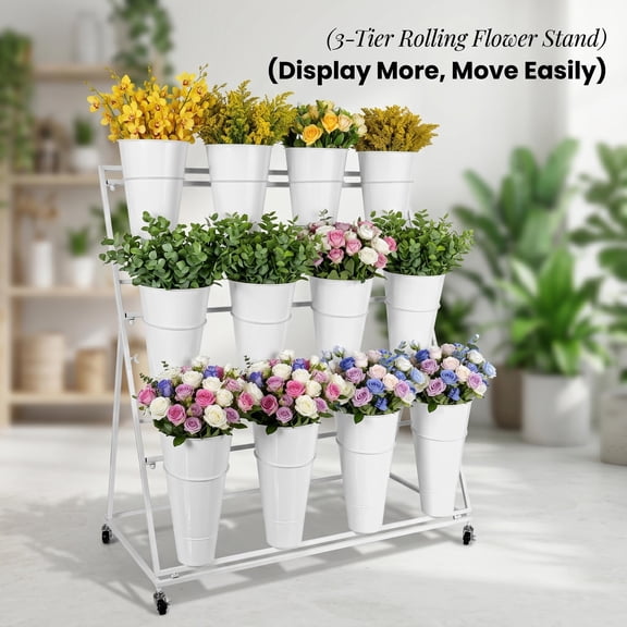 KKTRE 3 Tier 12 Buckets Flower Cart Display Stand with Wheels, 43.7 in White Metal Plant Holder Rack for Florist Shop, Patio