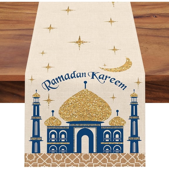 Eid Mubarak Ramadan Kareem Table Runner, Muslim Mosque Gold Moon Stars Kitchen Dining Table Decor, Islamic Home Decoration Indoor Outdoor Party Supply 13 x 72 Inch