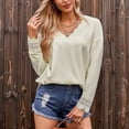 thumbnail image 2 of Rewera Women V Neck Shirts Lace Patchwork Drop Shoulder Sleeves T Shirt Pure Color Long Sleeves Pullover Light Apricot S, 2 of 6