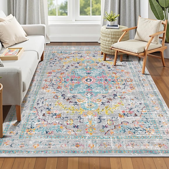 Pauwer Boho Washable Area Rug 6x9 Large Soft Living Room Bedroom Floor Carpet Mat Indoor Farmhouse Vintage Non Slip Accent Throw Rugs for Entryway Kitchen Dorm Dining Room