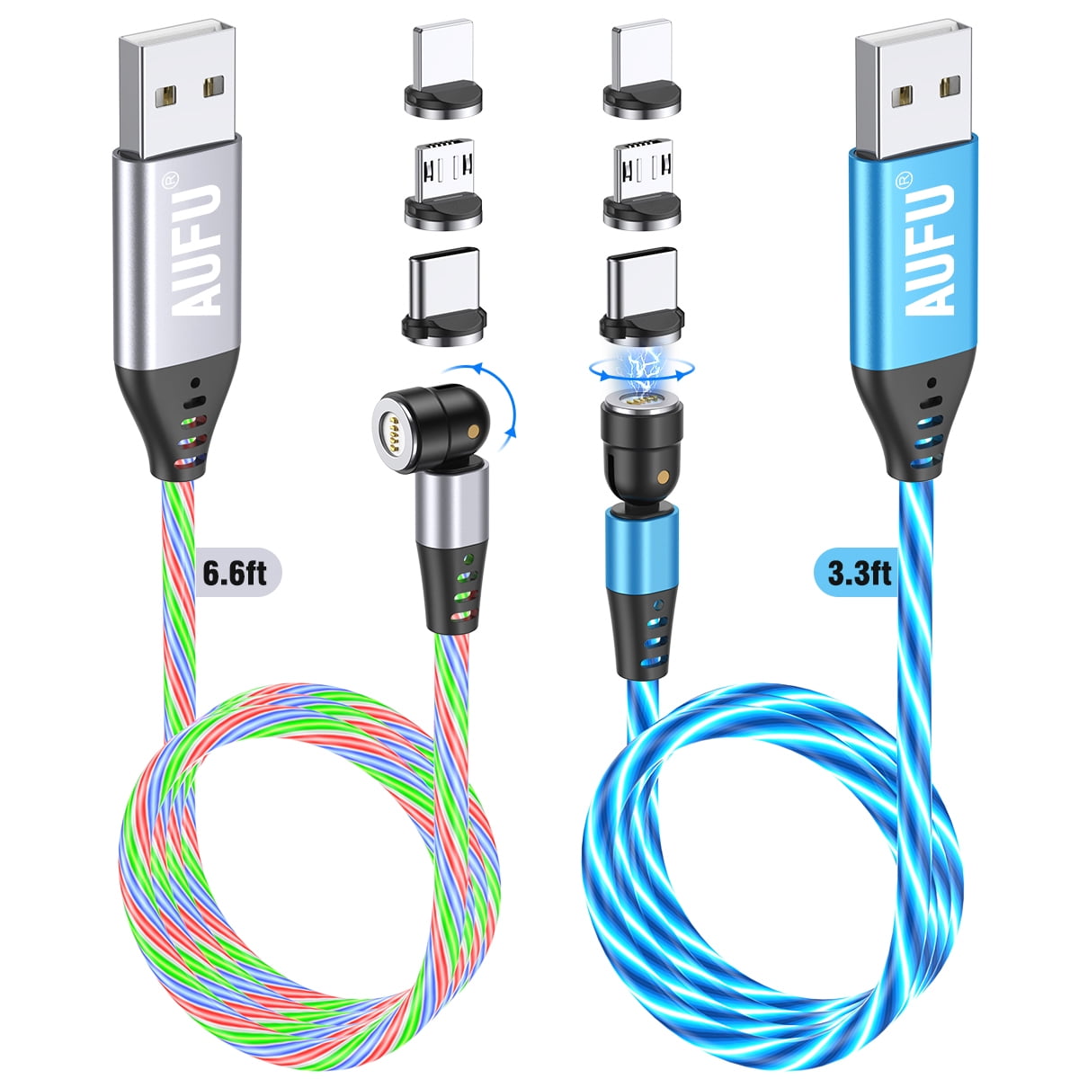 LED Charging Cable [2Pack,3.3ft 6.6ft], AUFU 540° Rotation