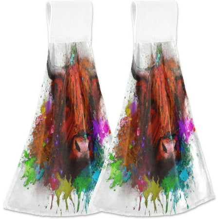 

Anyway.go Colorful Animal Highland Cow Kitchen Hanging Hand Towels Scotland Cattle Absorbent Tie Towel with Loop 2 PCS Kitchen Linen Sets for Bathroom Restroom Home Decor