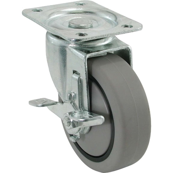 Tru-Guard Swivel Plate Caster with Brake - Thermoplastic Rubber, 4 In., Gray