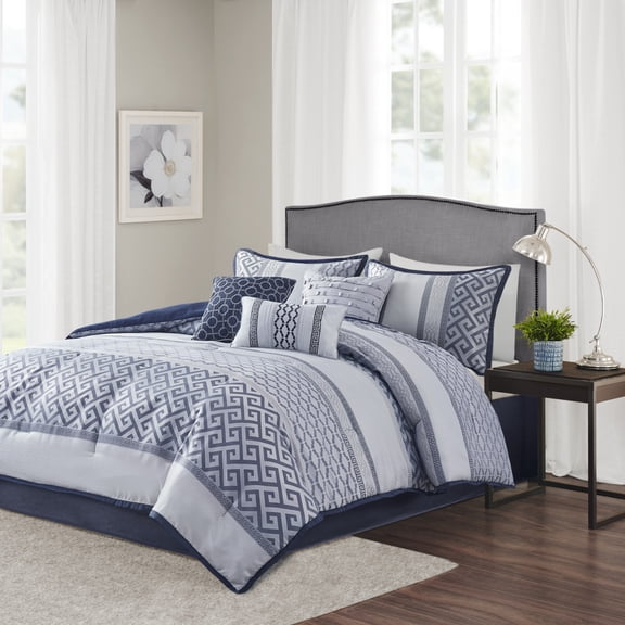 GDF Studio 7-Piece California King Jacquard Comforter Set, Traditional Bedding with Pillows, Navy