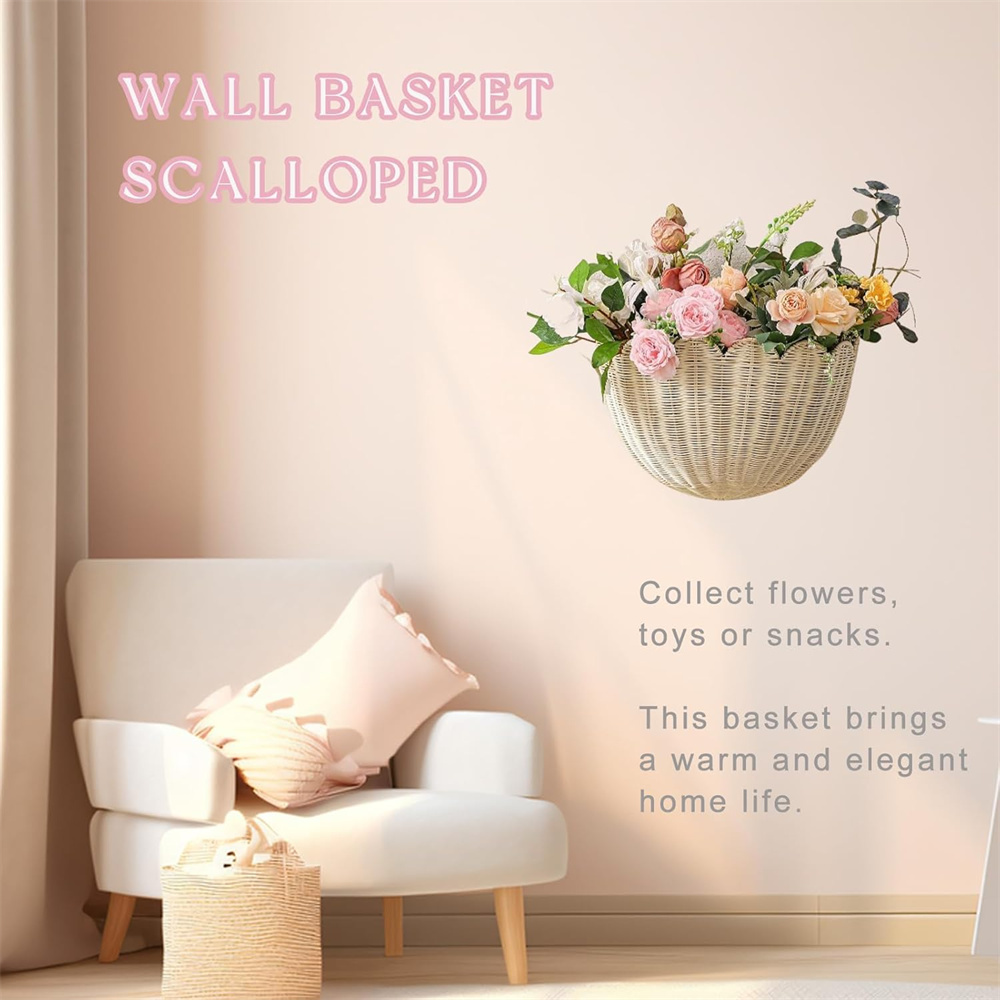 Triani 1Pcs Scalloped Wall Baskets Hand Woven Hanging Rattan Basket Hanging Woven Rattan Wall Basket Decorative Storage Organizer for Bathroom Front Door