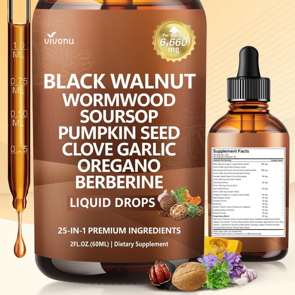 25-in-1 Black Walnut Wormwood Liquid Extract Drop, with Clove Tincture Herbal Supplement, Support Digestive Balance and Gut Cleanse Health for Humans, Liposome Formulation Technology, 2 fl oz