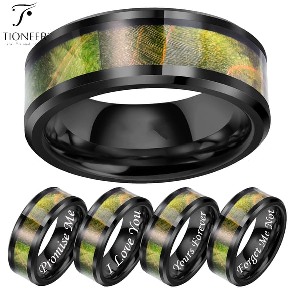 Tioneer Tungsten Carbide Green Cured Wood Design Black Wedding Band Ring Mens Womens 8MM w/ FREE Engraving