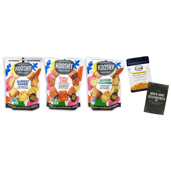 Sourdough Kooshy Croutons - 3 Flavors; 1 Each: Almost Naked, Chili Lime Poco Picante, Mambo Italiano Shawhan Farms Tuscan Black Garlic Sampler & MerlinsMartZine