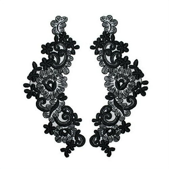 14 Colors 9"x3" Floral Embroidered Sheer Organza Motif Applique Patch by Pair (2 Pieces) (Black)