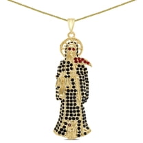 Big 3.25'' 30   Grams 14K Gold Finish Simulated Diamond Santa Muerte Grim Reaper Angel of Death Charm Religious Pendant Chain Neckless Set