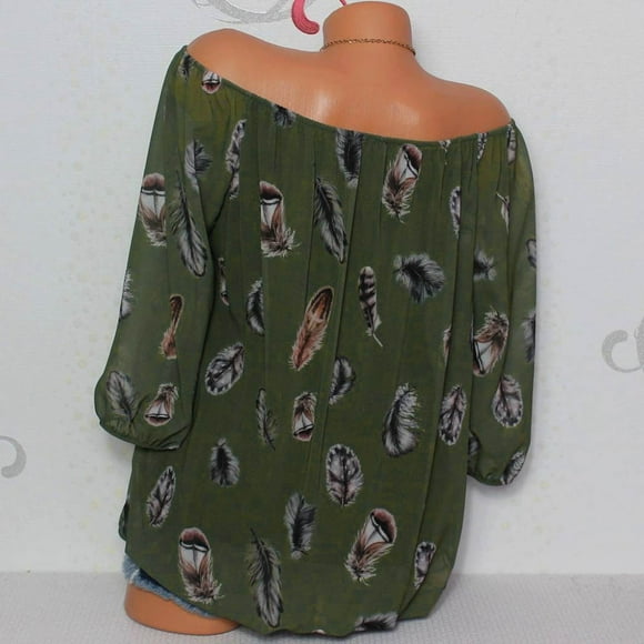 wendunide Shirts For Women Women Plus Size Half Sleeve Feather Print V-neck Blouse Pullover Tops Shirt Army Green XXXL