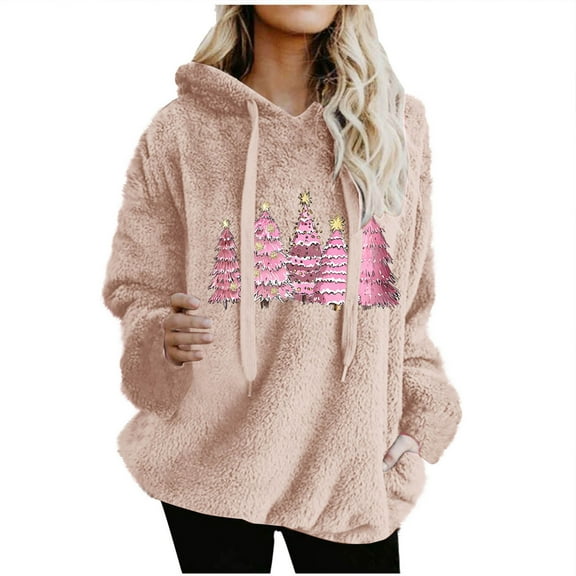 Lorytime Oversized Fleece Hoodies for Women Christmas Tree Print Sweatshirt Long Sleeve Pullover with Pocket Tops