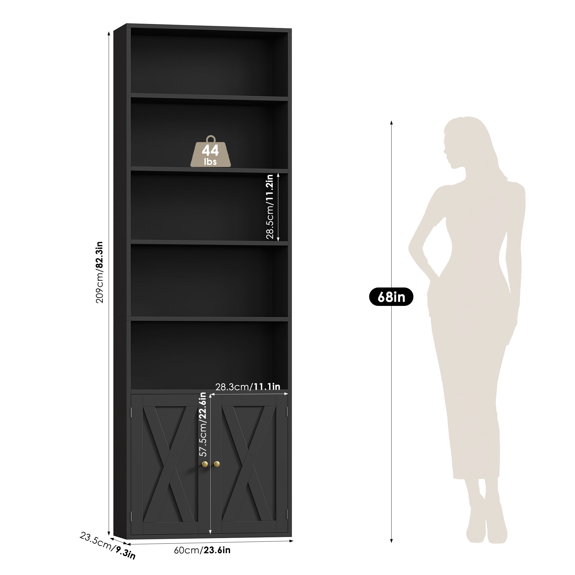 Hiphuta 81.5" Tall Bookcase with Doors, 5-Tier Bookshelves with Storage, 23.6"W Display Shelf with 2 Doors for Home Office, Living Room, Black