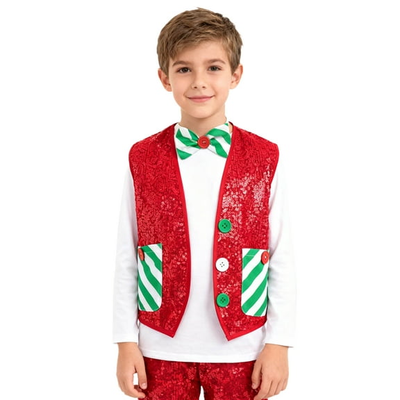 Mufeng Kids Boys Christmas Elf Outfit Sparkly Sequins Santa Helper Waistcoat Vest With Bow Tie Xmas Green 12