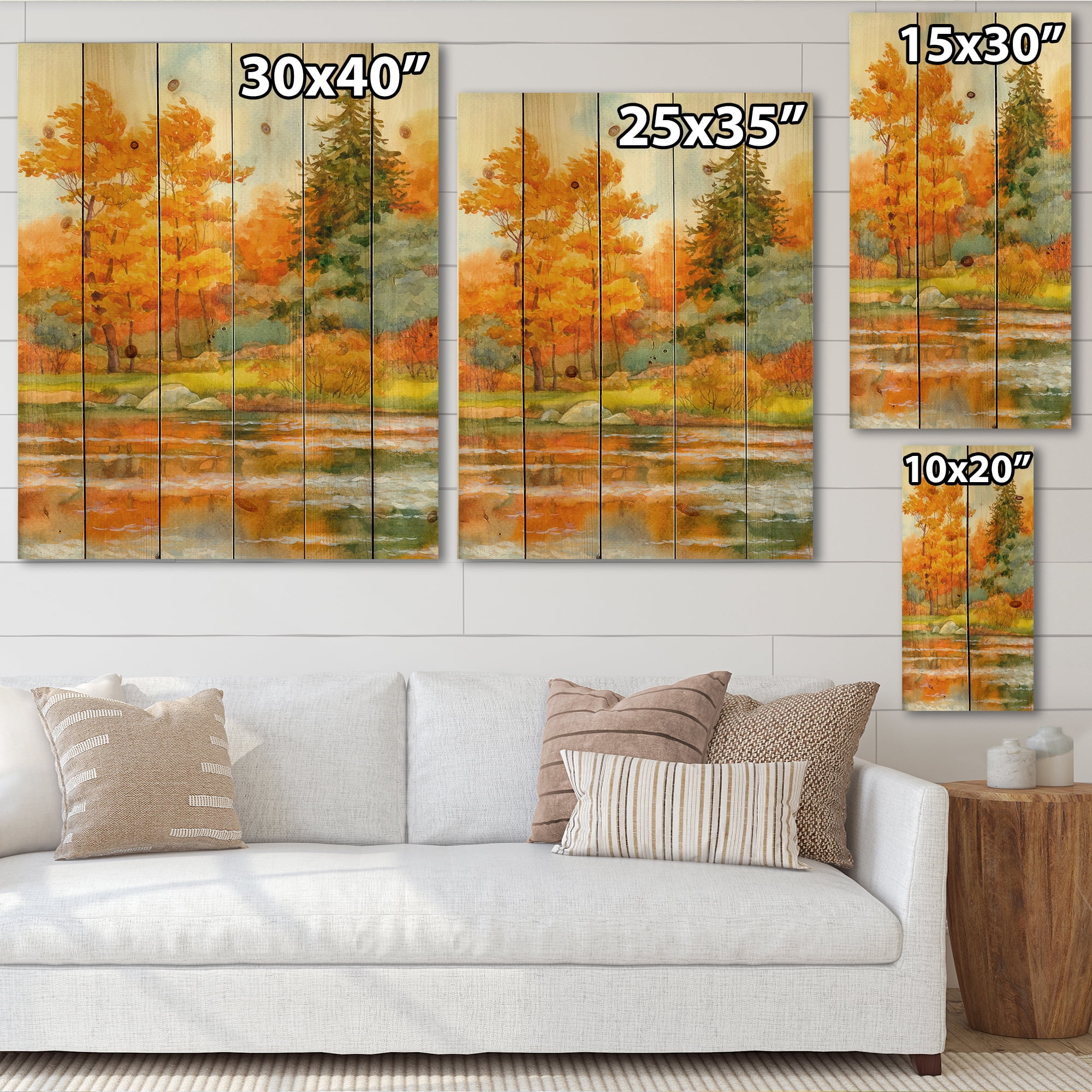 Designart 'Autumn Forest By The Lake Side IV' Lake House Print on Natural Pine Wood