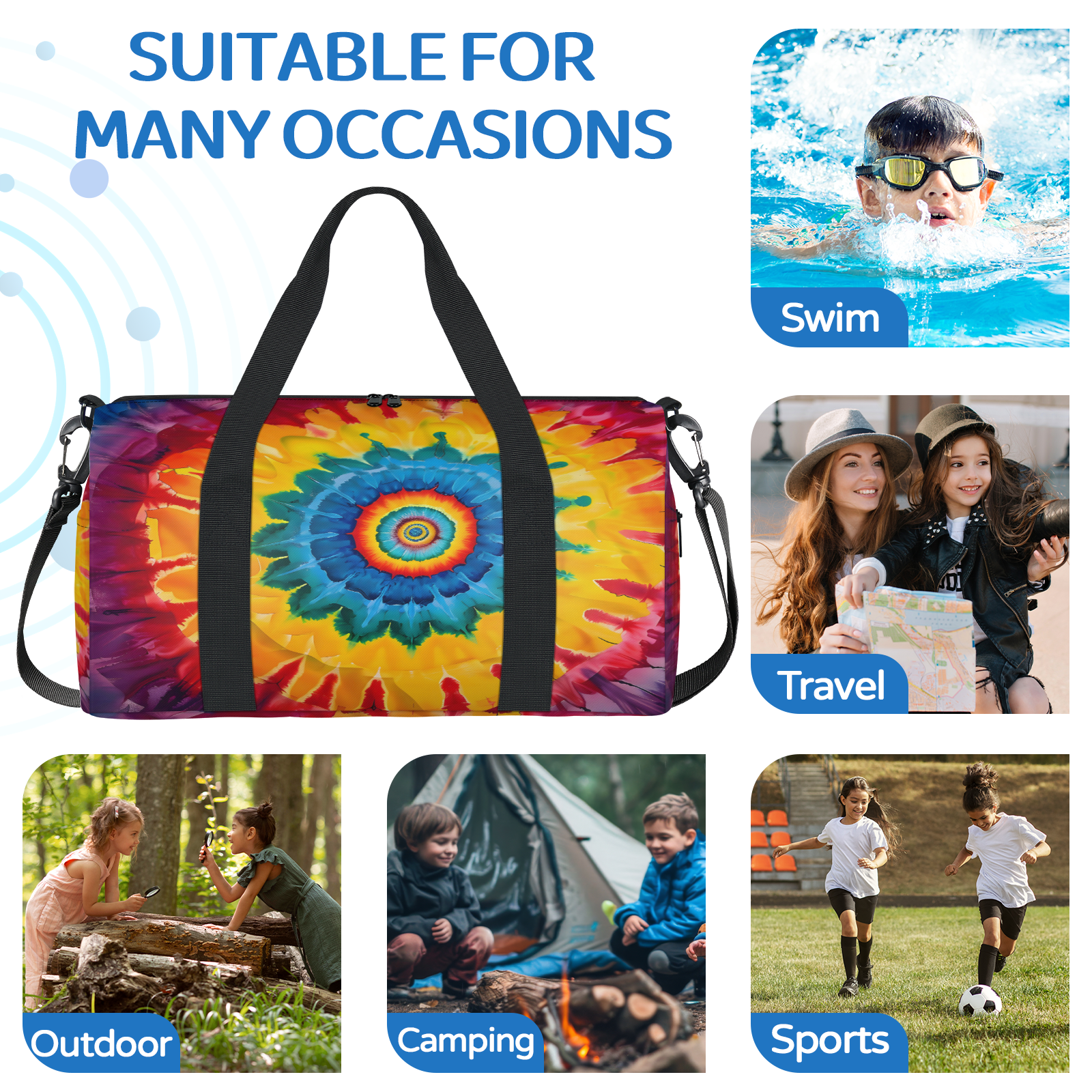 Herdesigns Bohemian Tie Dye Travel Duffle Bag Sports Yoga Weekender Overnight Carry on Workout Bags Lightweight Waterproof Gym Tote Bag for Women