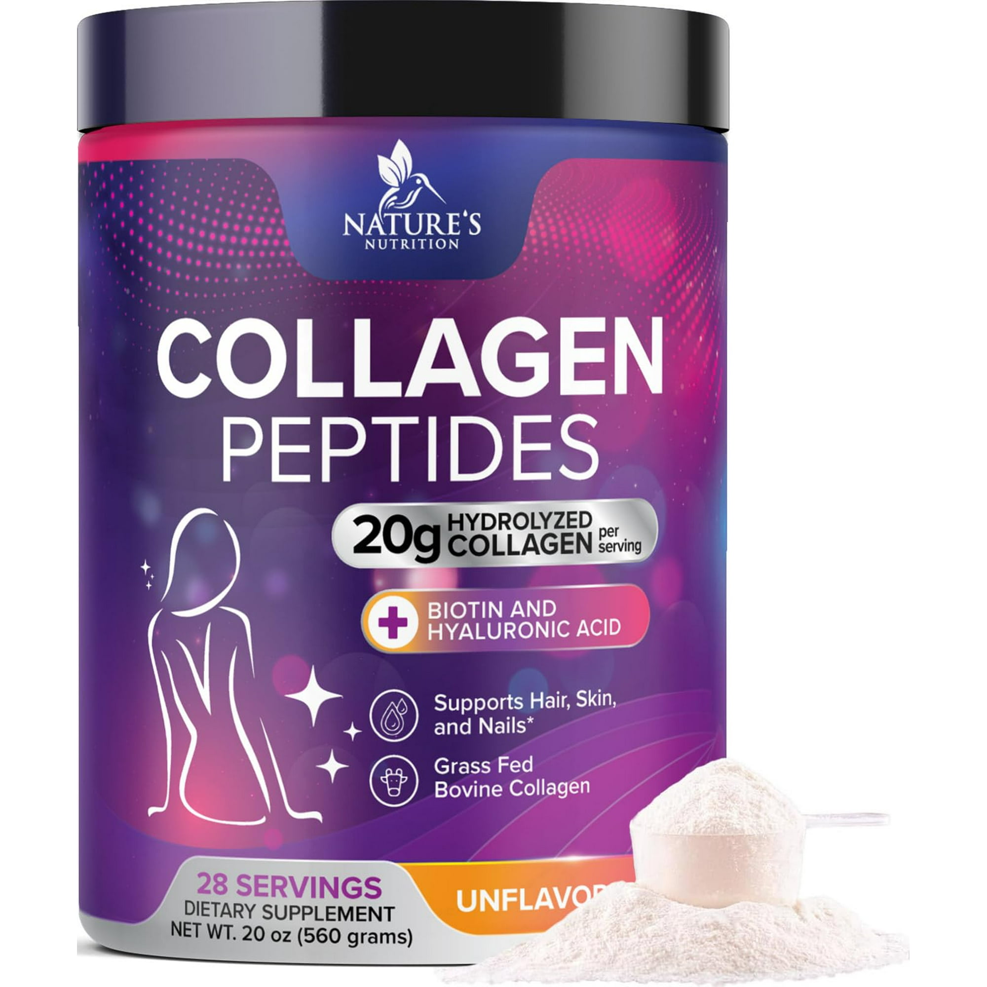 Collagen Peptides Powder 20g - Best Hydrolyzed Bovine Collagen with Protein, Hyaluronic Acid & Biotin - Vital Hair, Skin, & Nail Support - Easy to Mix, Unflavored, Bottled in USA - 28 Servings