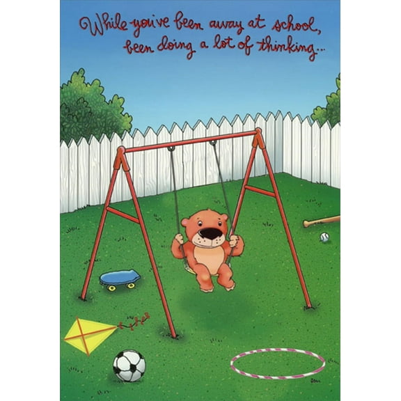 Designer Greetings Brown Bear Sitting on Swing : Away at School : Miss You Card